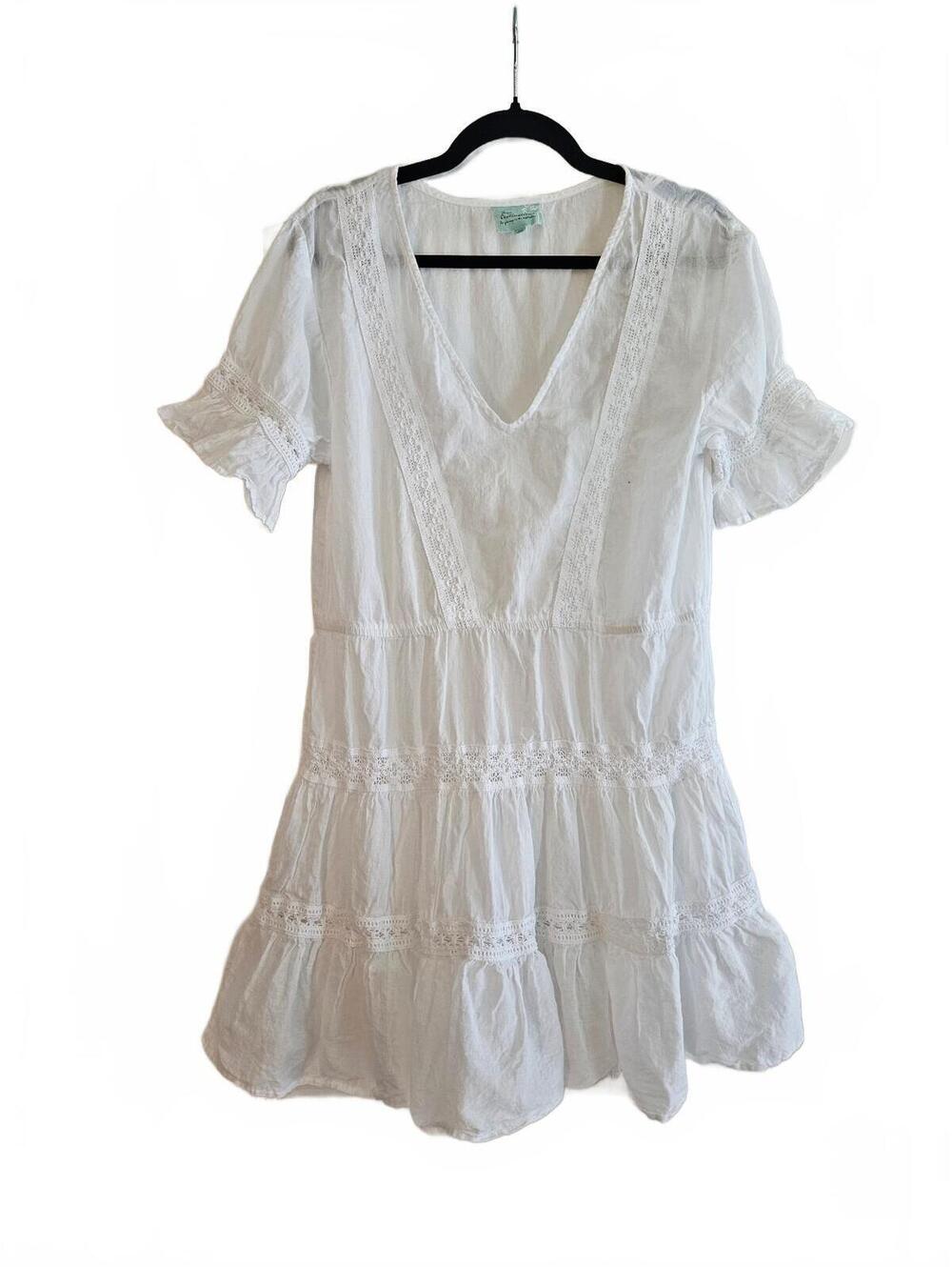 True Destinations White Cotton Semi-Sheer Tiered Boho Resort Wear Beach Dress-M